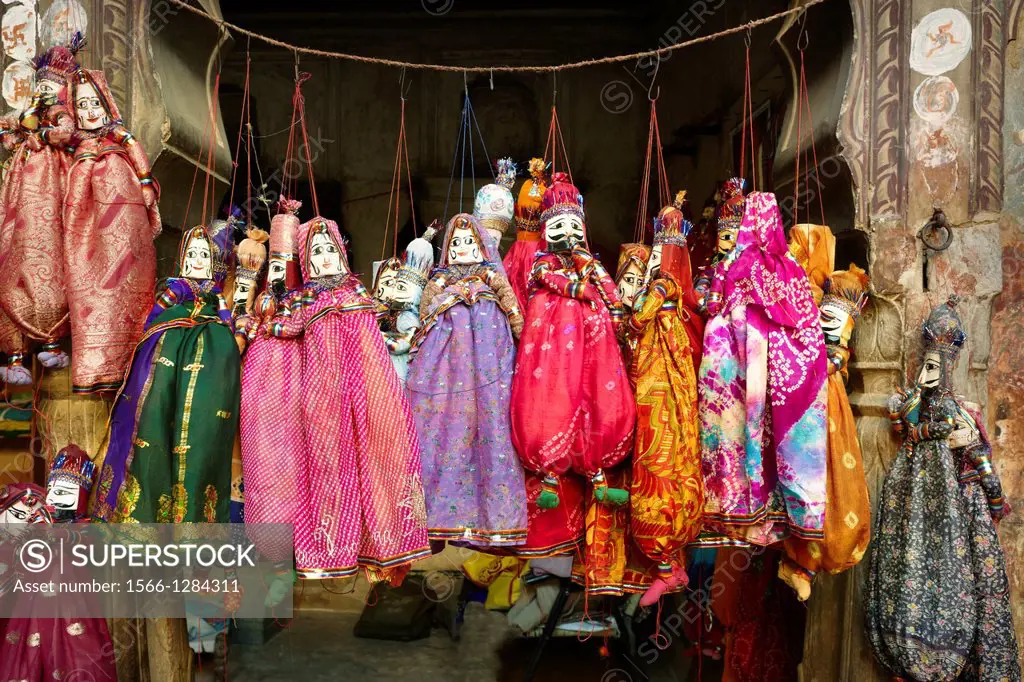 Traditional Rajasthani puppet dolls on sale as souvenirs, Mandawa, India.