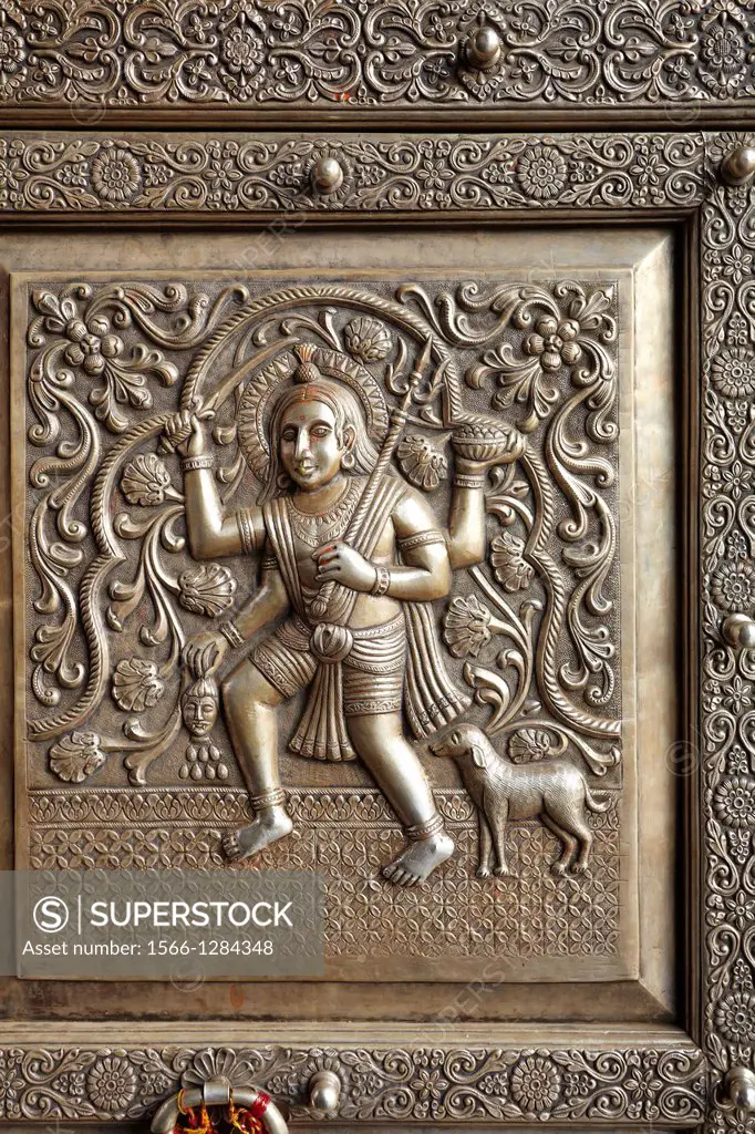Detail of silver door to Karni Mata Temple, Deshnok near Bikaner, Rajasthan.