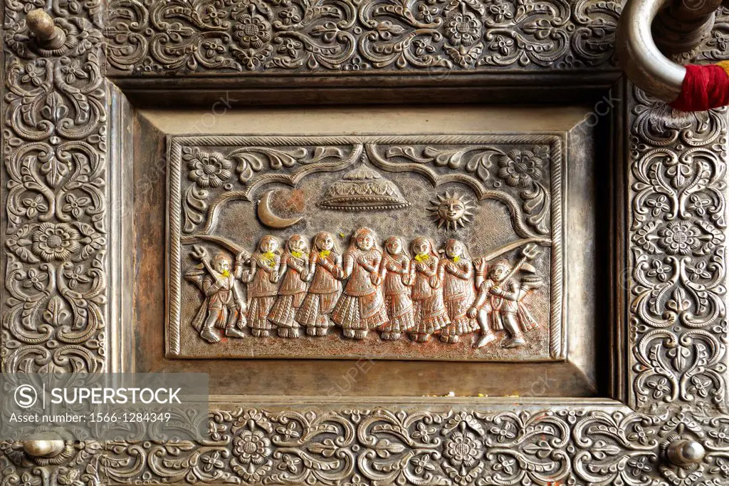 Detail of silver door to Karni Mata Temple, Deshnok near Bikaner, Rajasthan.