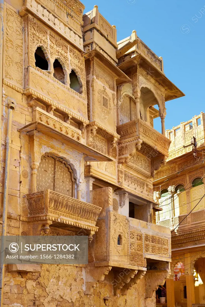 Jaisalmer - traditional carved sandstone interior of indian old haveli (mansion), Jaisalmer, Rajasthan, India.