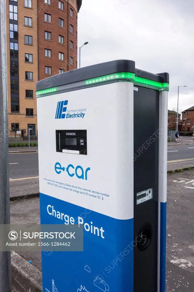 Electric vehicle charge point, Belfast, Northern Ireland.