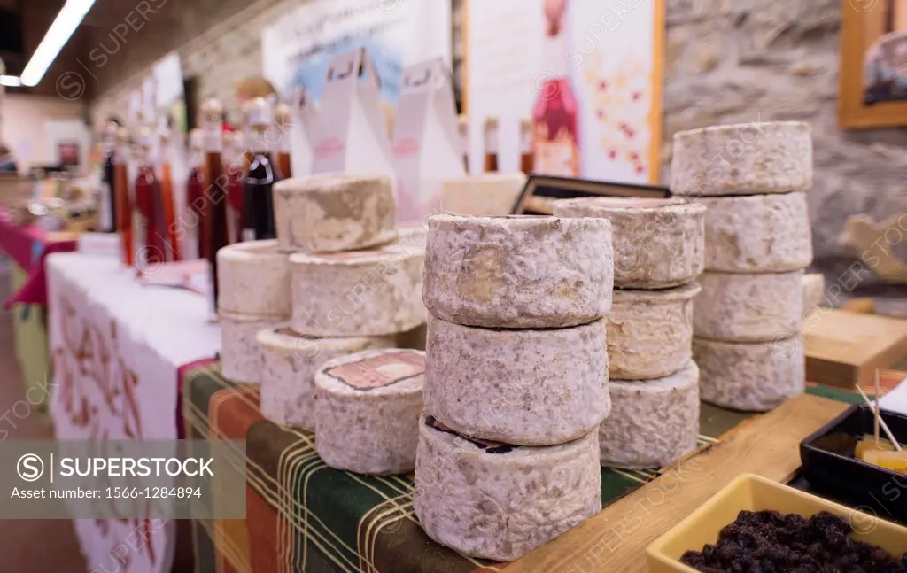 Cheese stacked at Ferieta de Ainsa 2013, Sobrarbe-Huesca, Aragon Pyrenees, Spain.
