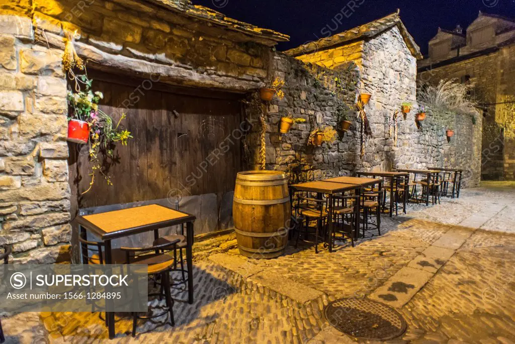 Mediaeval village of Ainsa in the night during 2013 Ferieta Celebration, Sobrarbe-Huesca, Aragon Pyrenees, Spain.