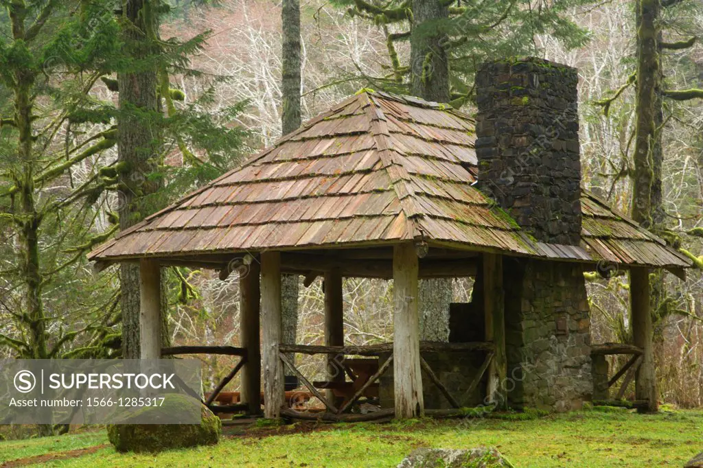 Hebo Lake picnic shelter built by Civilian Conservation Corps (CCC), Siuslaw National Forest, Oregon.