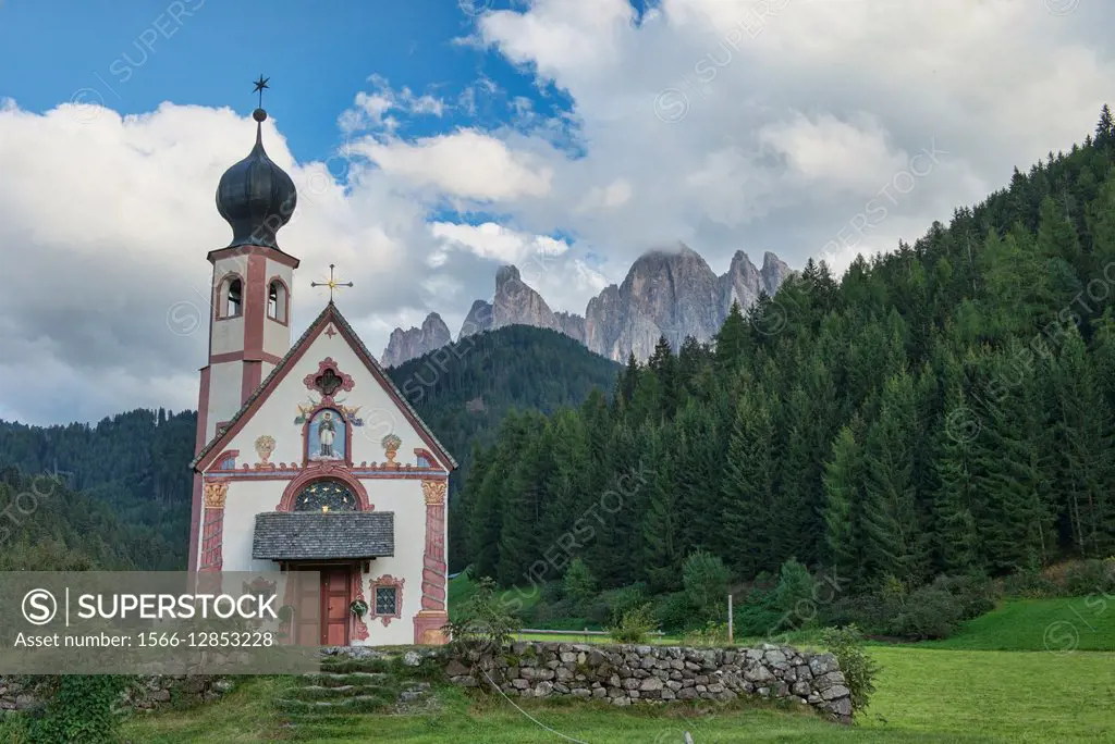 The Church of St. Johann in Ranui, Val di Funes, Dolomites, South Tirol, Italy.