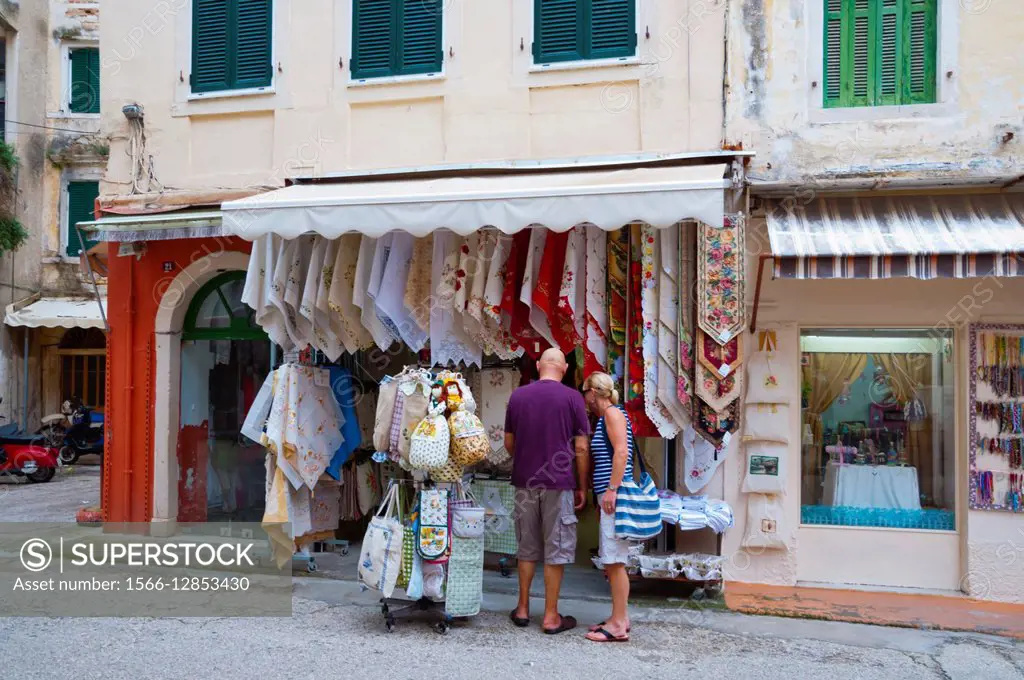 Textile shop, old town, Corfu town, Kerkyra, Corfu Island, Ionian islands, Greece.