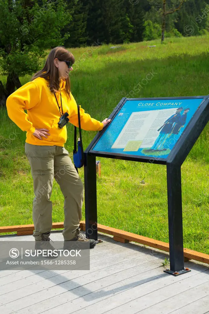 Interpretive board along park trail, Fort Yamhill State Park, Oregon.