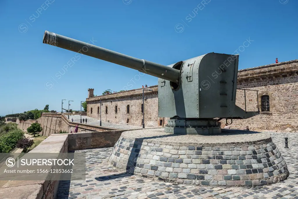 old cannon in Montjuic Castle (Castillo de Montjuich) old military fortress on Jewish Mountain in Barcelona, Spain.