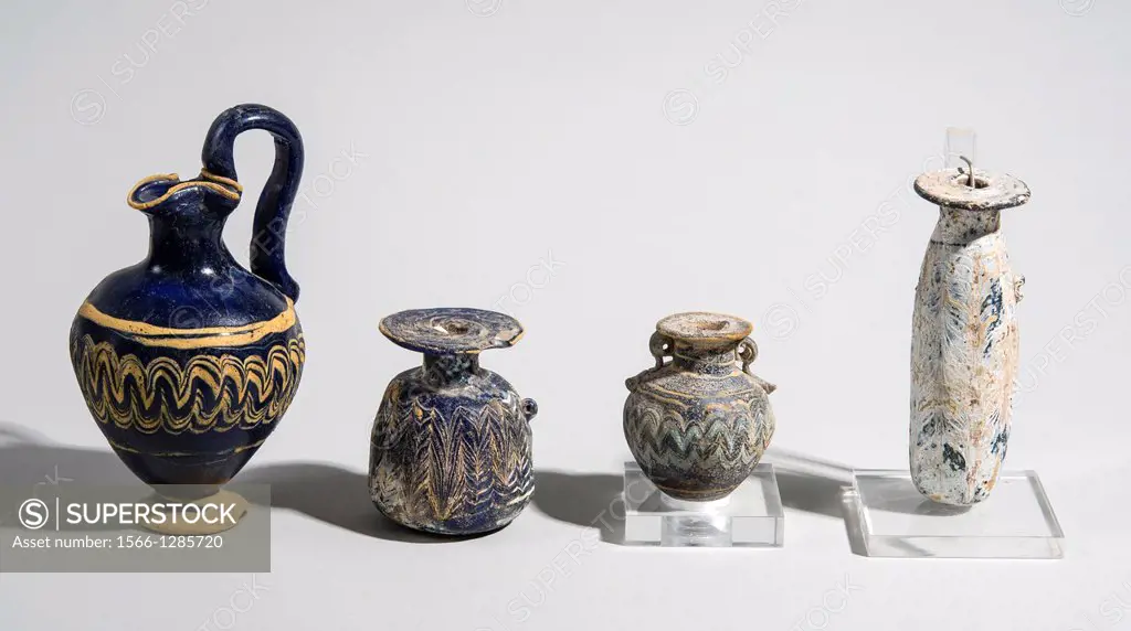 Core-formed Glass vessels 4-5th century BCE From left to right Oinochoe, Alabastron, Aryballos and Alabstron.