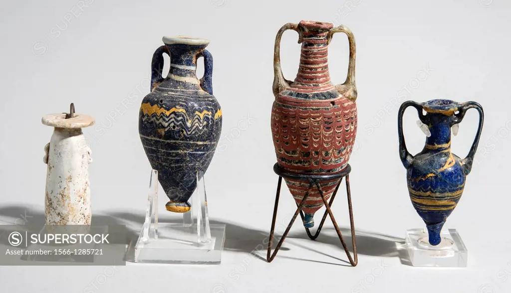 Core-formed Glass vessels 4-5th century BCE From left to right Alabastron, Amphoriskos, Amphoriskos and Amphora.