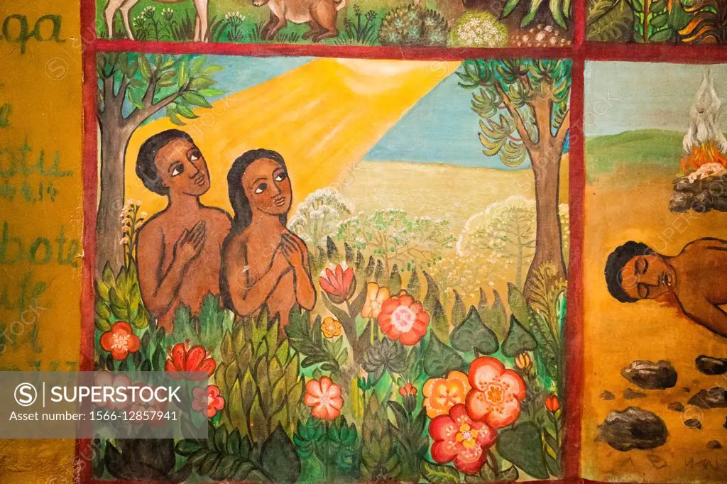 Adam and Eve Naive Paintings (Ethiopian style) of biblical stories in a church in kalacha Kenya.