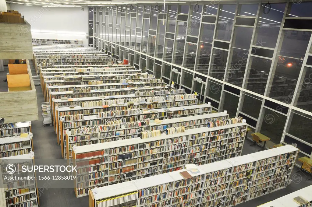 Books in a library.