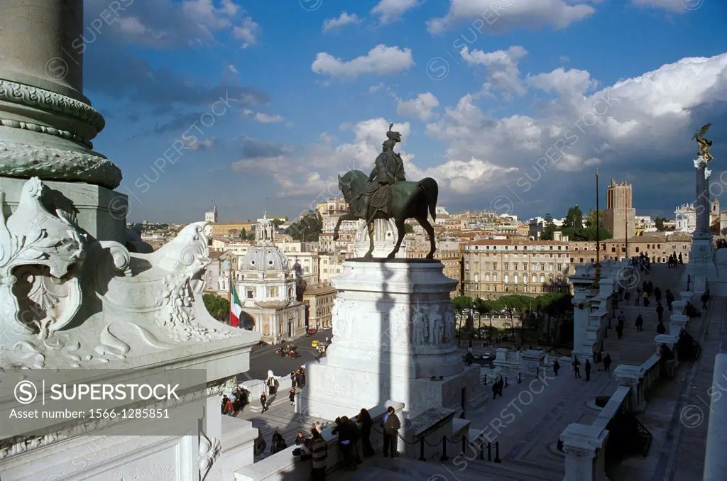 Rome. Italy. Il Vittoriano. King Victor Emmanuel is depicted on a bronze equestrian statue overlooking the city.