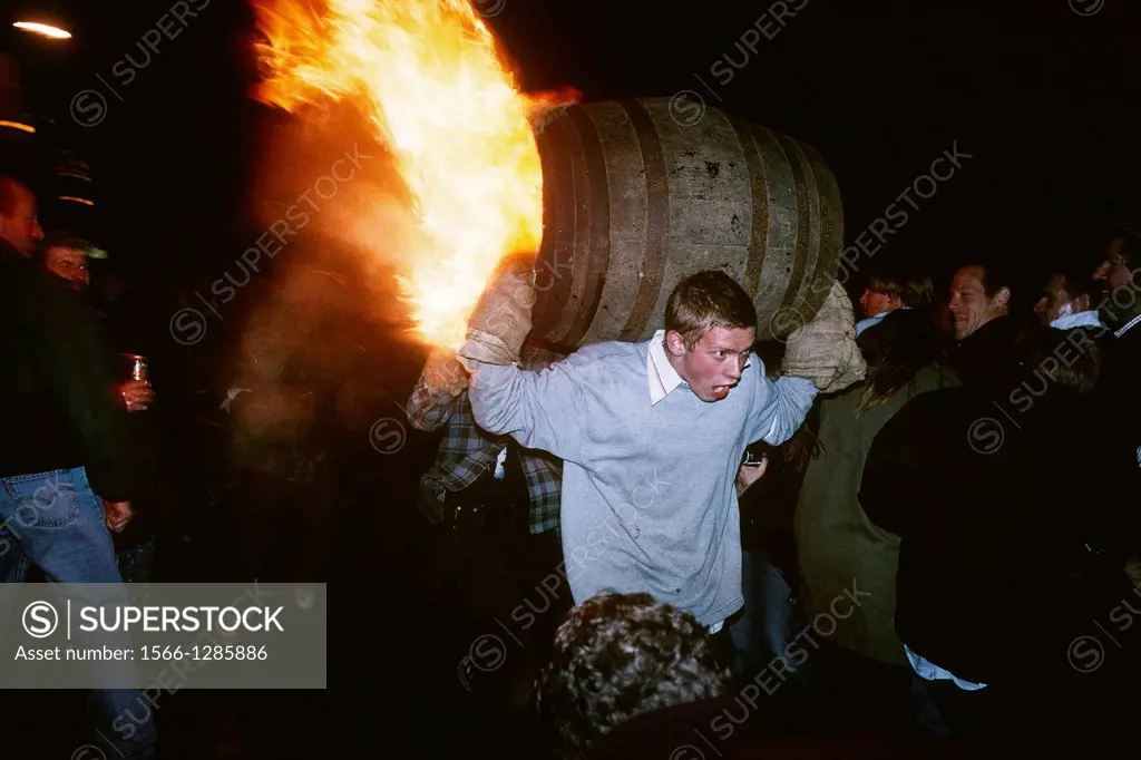 Ottery St Mary. Devon. England. Traditional carnival of Flaming Tar Barrels held annually on November 5th.