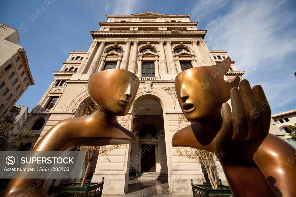 modern art in front of the former Havana Stock Exchange or Lonja del Comercio building on Plaza de San Francisco in Havana, Cuba, Caribbean.
