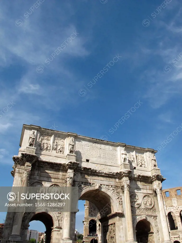 arch of constantine and the colosseum in rome italy.