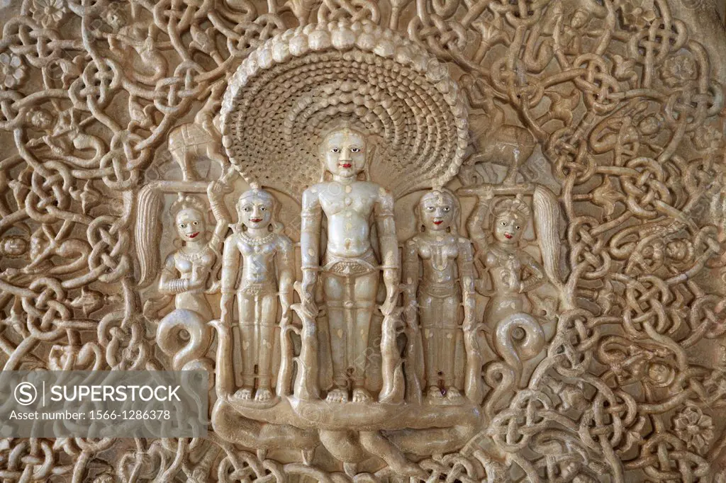 A carved marble disc in the Jain Temple, Ranakpur, Rajasthan, India.