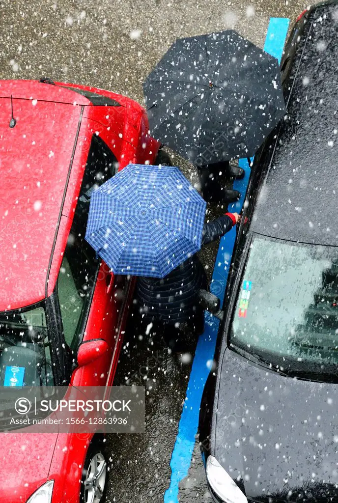 two persons under umbrellas in heavy snowfall trying to get into the car in parking space, Geneva, Switzerland