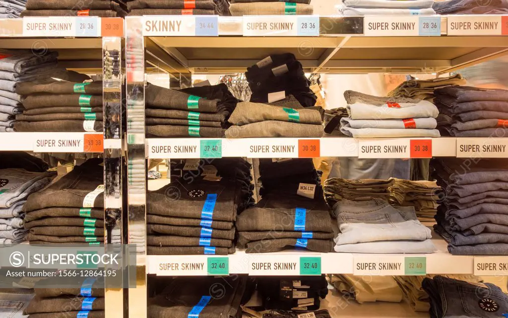 Skinny Jeans in Primark store in England, UK.
