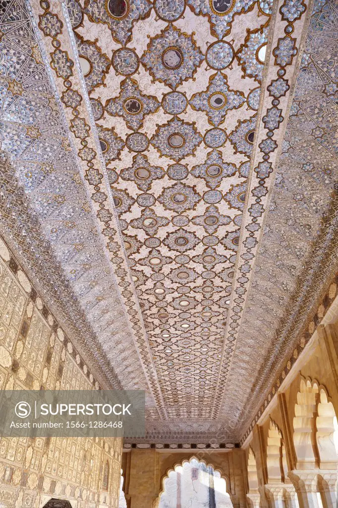 An interior view of a art decorated ceiling, Amber Fort 11km near of Jaipur, Rajasthan, India.