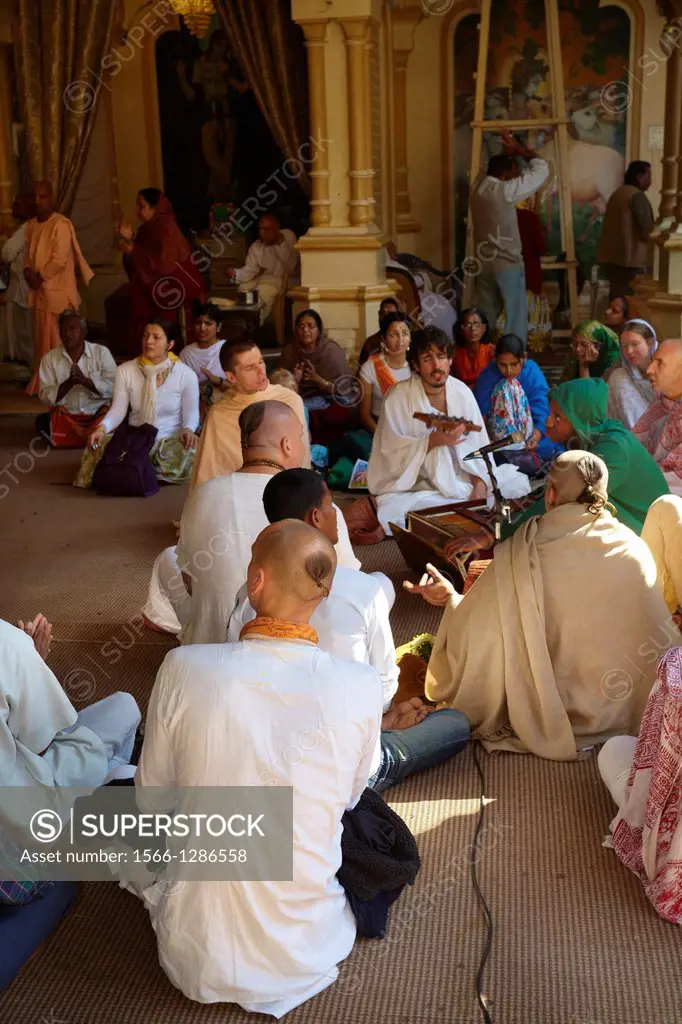Hare Krishna followers praying, temple in Vrindavan, Uttar Pradesh, India, Asia.