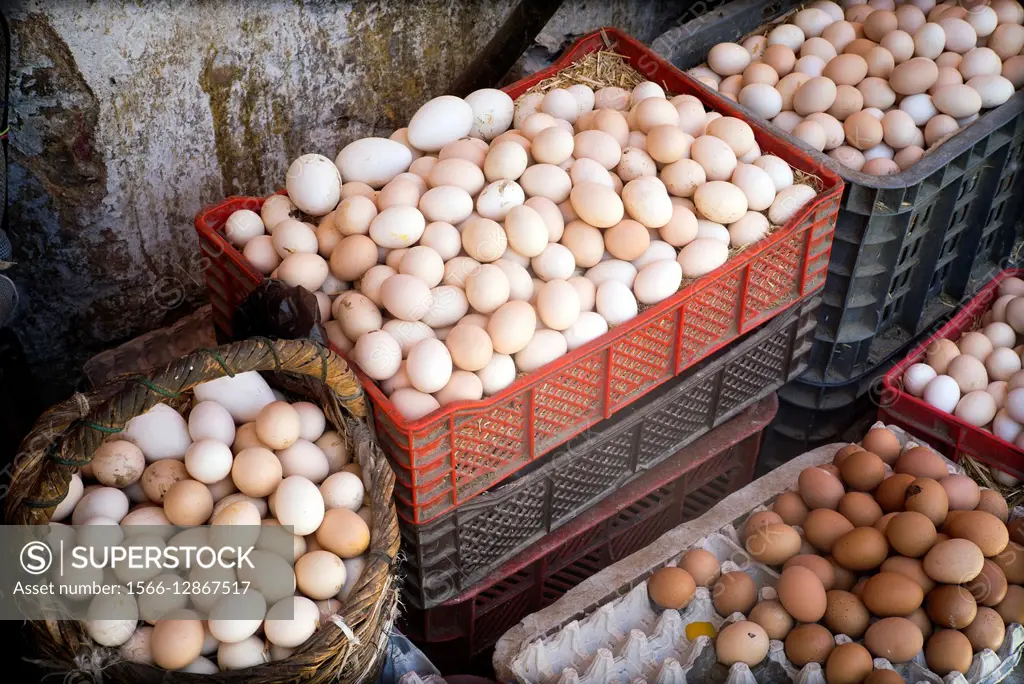 Free range of eggs in a street market stall in the medina. Fez, Morocco, Africa