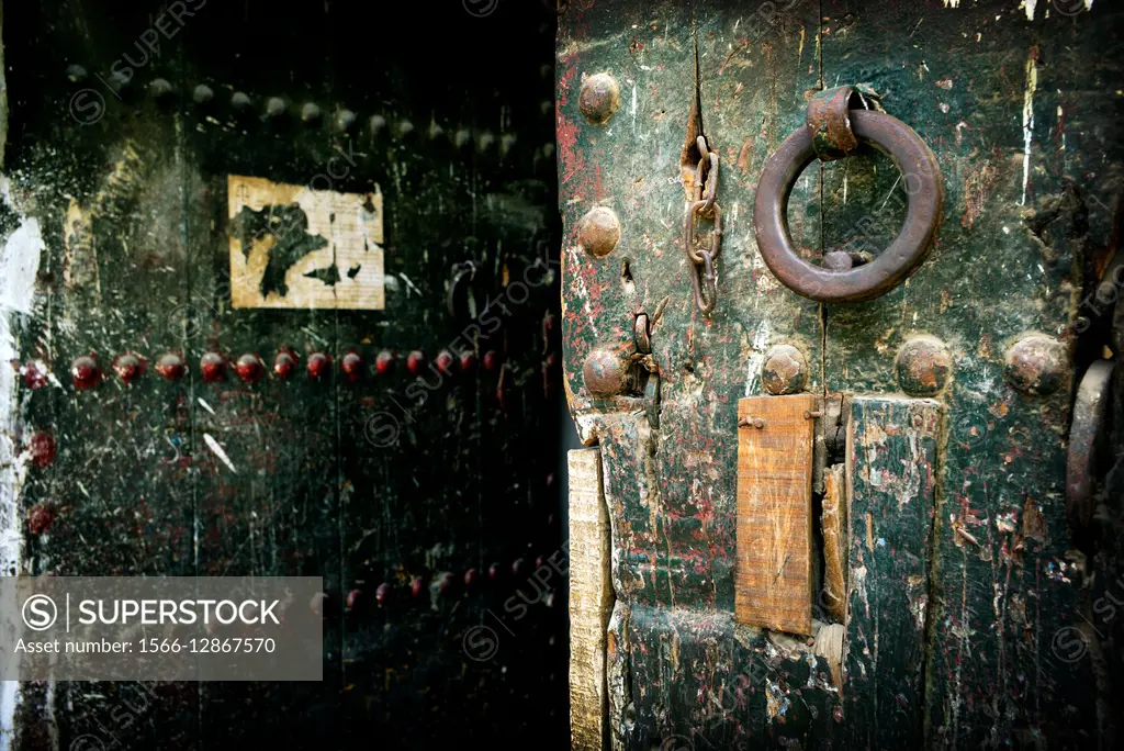 Old door with ring handle, in the medina of Fez, Morocco, Africa