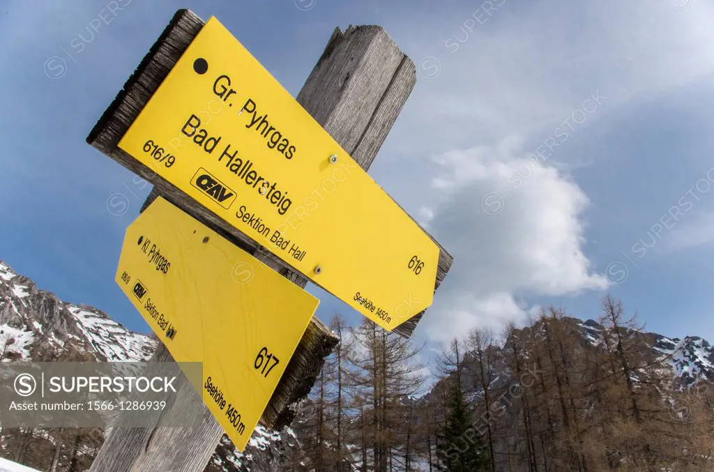 Hiking Path Sign in Kalkalpen National Park near Windischgarsten. Austria.