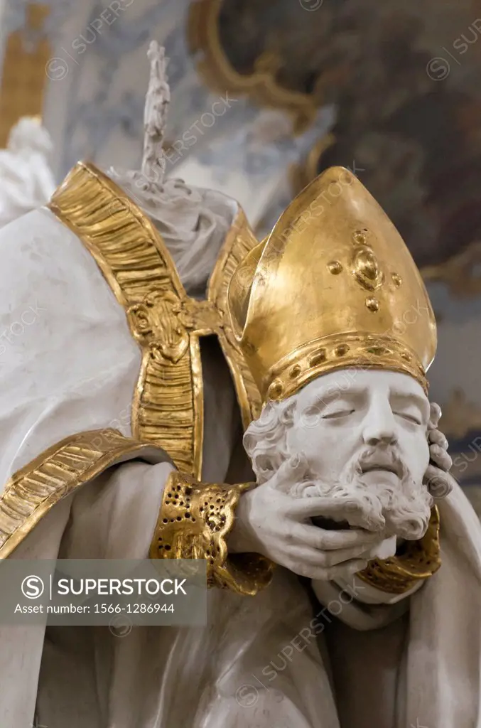 Sculpture of Dionysius of Paris in the Basilica of the Fourteen Holy Helpers near Bad Staffelstein. Bavaria. Germany.