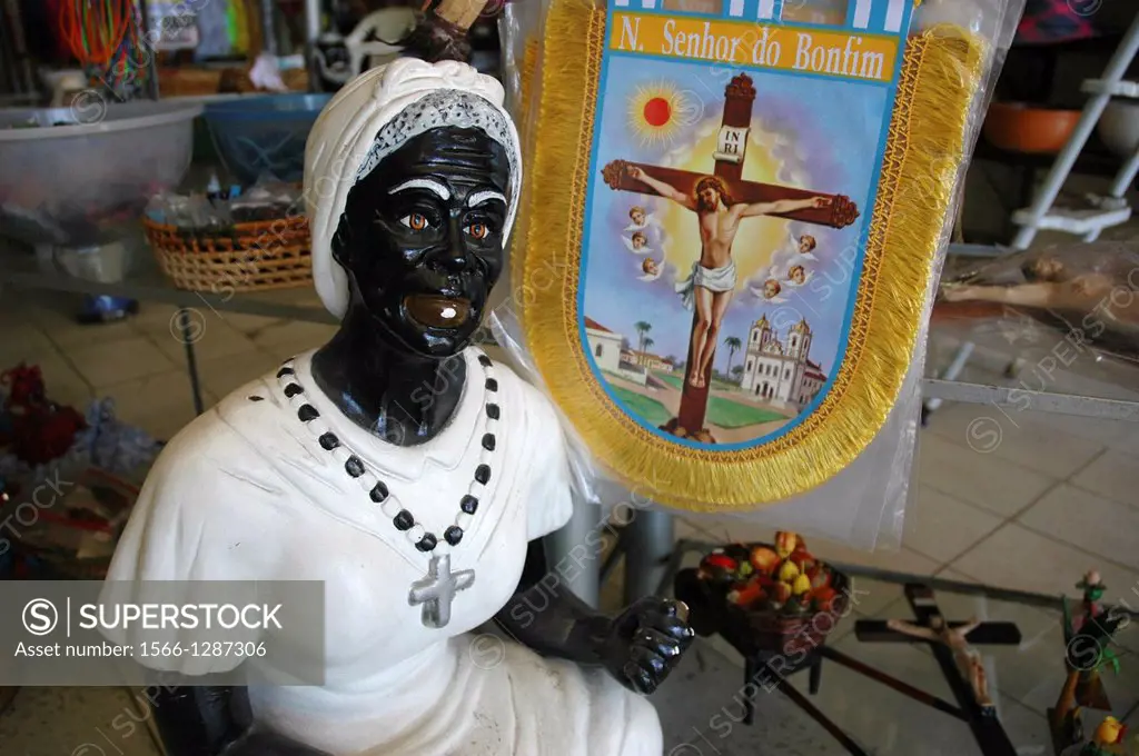Salvador de Bahia, Bahia, Brazil, holy images sold in a shop by the Igreja de Nosso Senhor do Bonfim