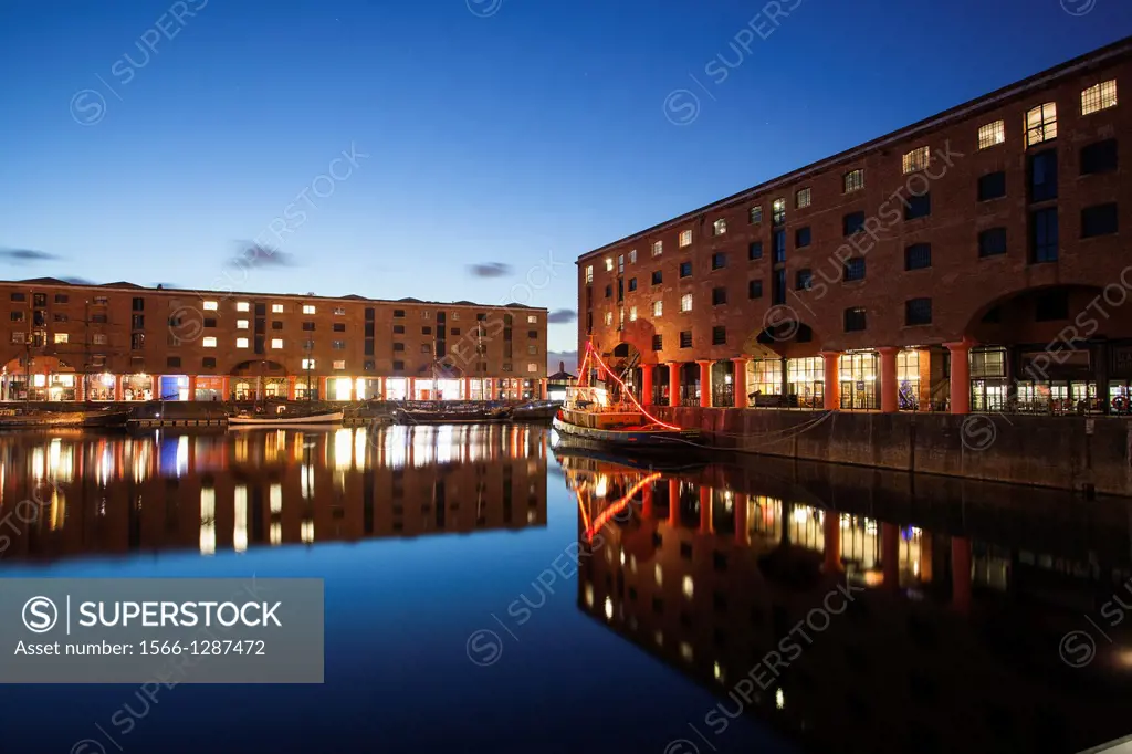 Albert Dock reflections at dusk, Liverpool, UK