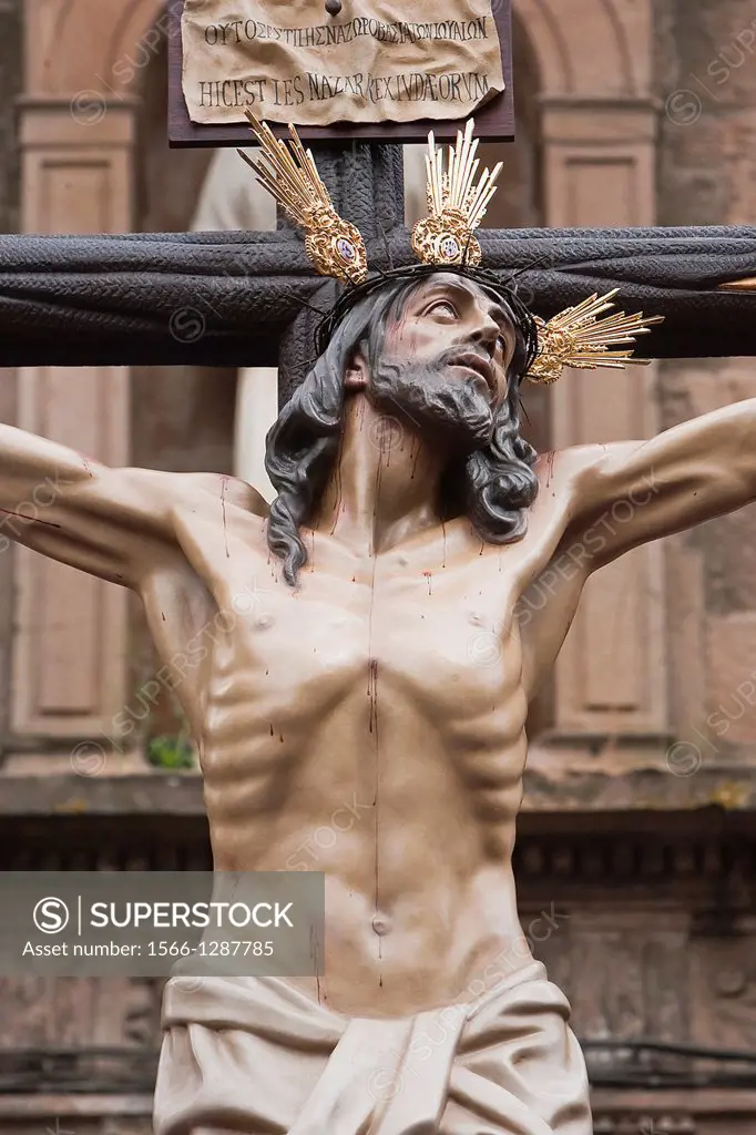 Figure of Jesus on the cross carved in wood by the sculptor Gabino Amaya Guerrero, Holy Christ of the expiry, Linares, Jaen province, Spain.