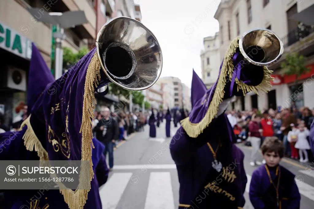 Trumpeters of the brotherhood of El Nazareno, Linares, Jaen province, Andalusia, Spain.
