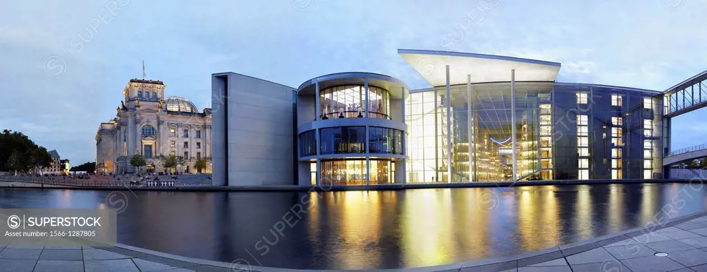 Reichstag and Paul Lobe Haus in Berlin, governament district panoramic on Spree river at night