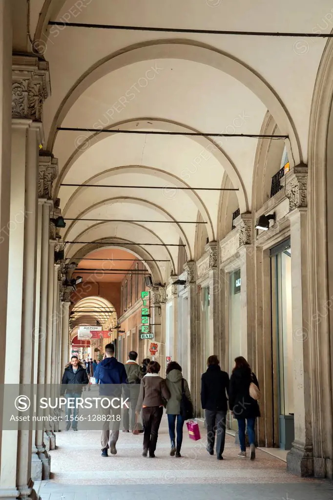 Shopping Arcades along Via dell Indipendenza Street, Bologna, Italy.