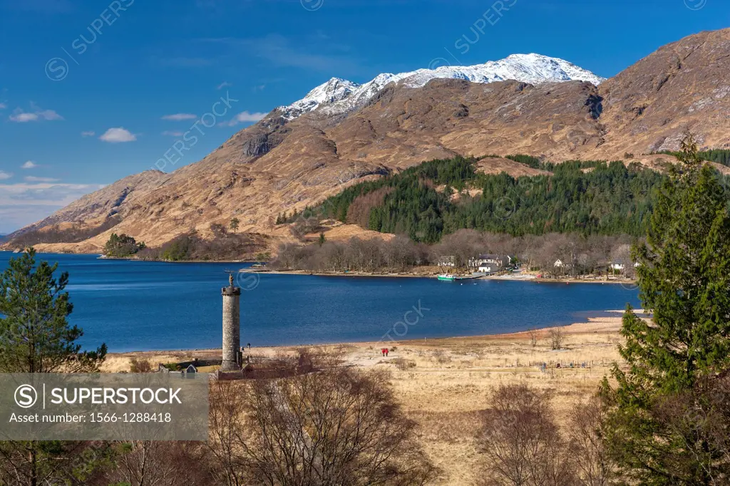 The Glenfinnan Monument situated at the head of Loch Shiel, Highland, Glenfinnan, Scotland, UK, Europe.