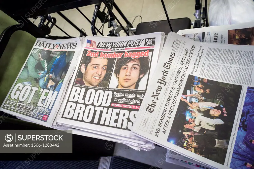 Newspapers at a newsstand in New York on Saturday, April 20, 2013 report on the capture of 19 year-old Dzhokhar Tsarnaev and the shooting of his broth...
