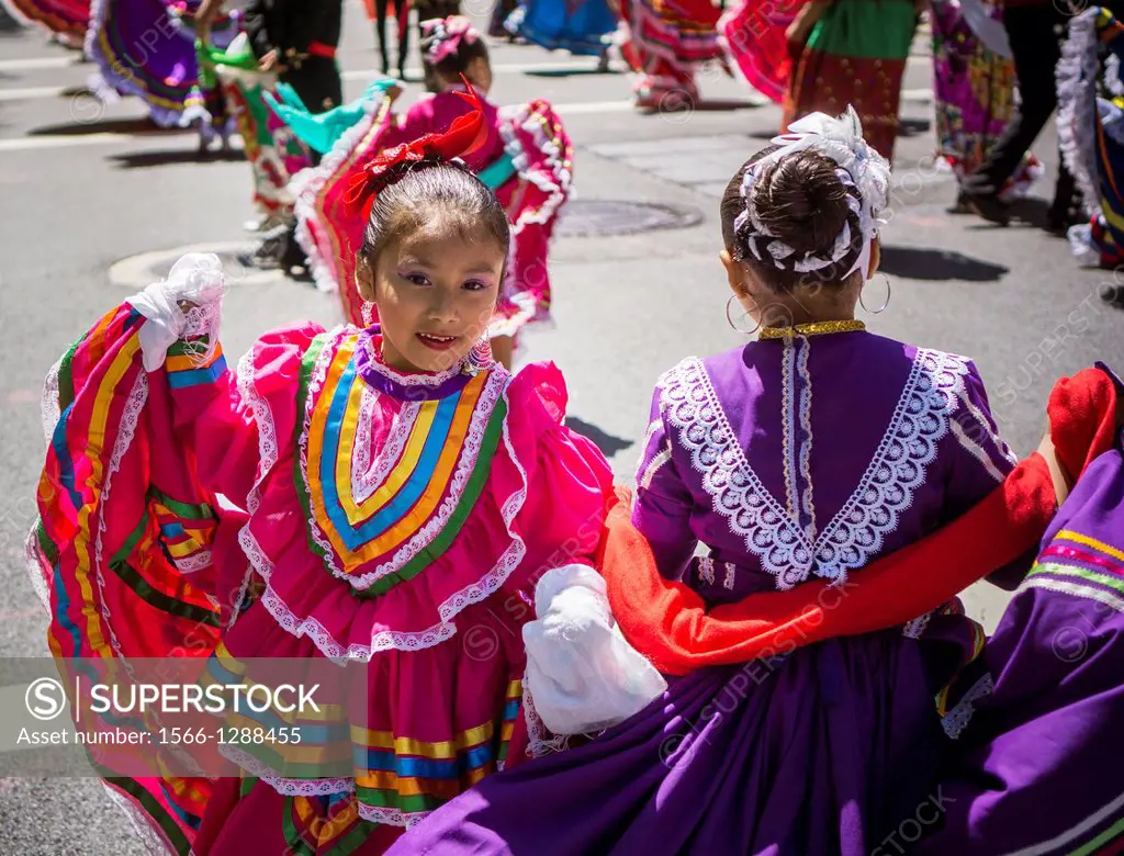 Folk dancers in the Cinco de Mayo Parade in New York. The holiday commemorates a victory of Mexican forces led by General Ignacio Zaragoza Seguí­n ove...