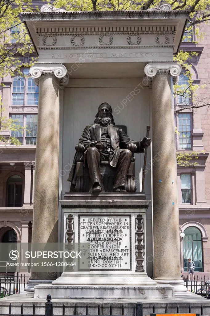 A statue of Peter Cooper, the founder of Cooper Union, sits in front of the college´s Foundation Building in the East Village neighborhood of New York...