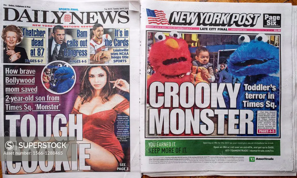 Front pages of the NY Daily News and the NY Post on Tuesday, April 9, 2013 report on the altercation between one of the costumed characters that beg f...