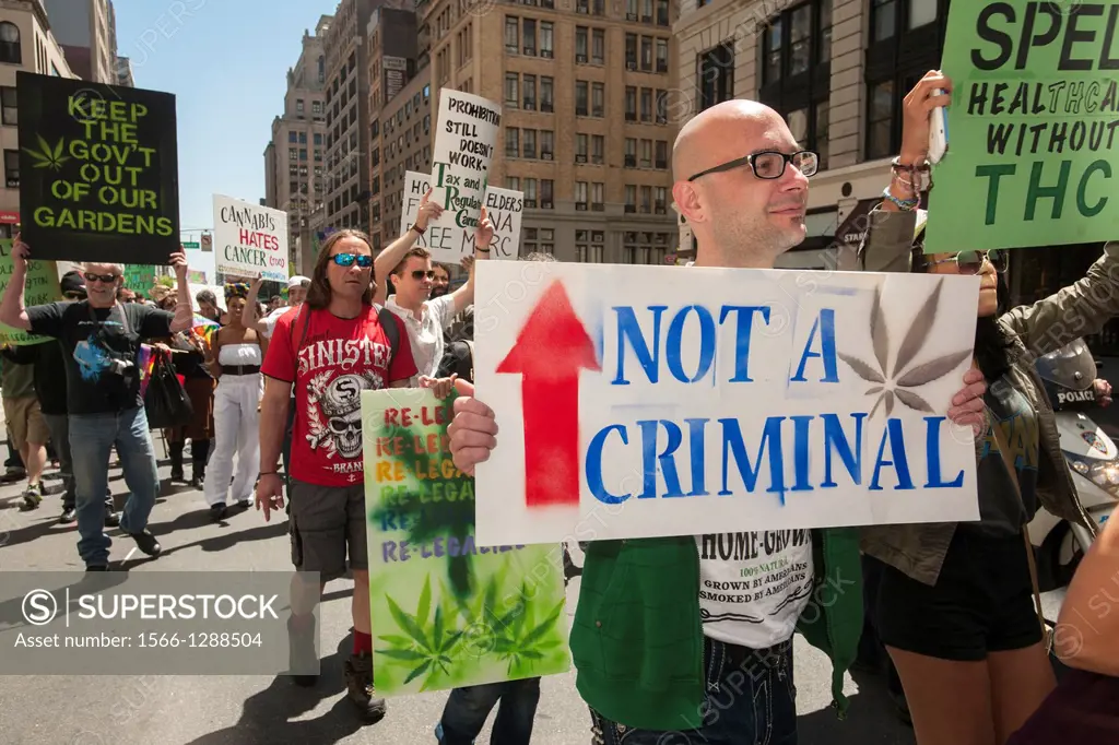 Advocates for the legalization of marijuana march in New York at the annual March For Marijuana. The march included a wide range of demographics from ...