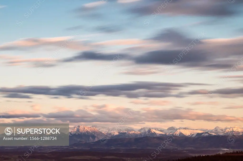 View from Low Mountain Range Hausruck to Northern Limestone Alps. Austria.