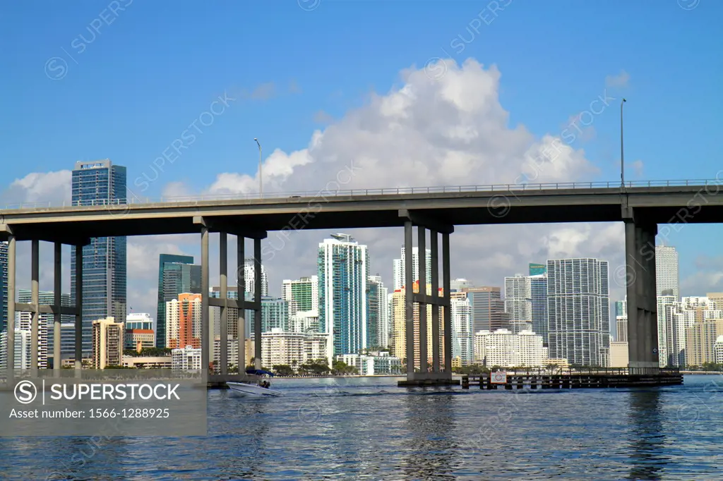 Florida, Miami, Biscayne Bay, Rickenbacker Causeway, bridge, city skyline, Brickell, downtown, water, skyscrapers, high rise, condominium, office, bui...