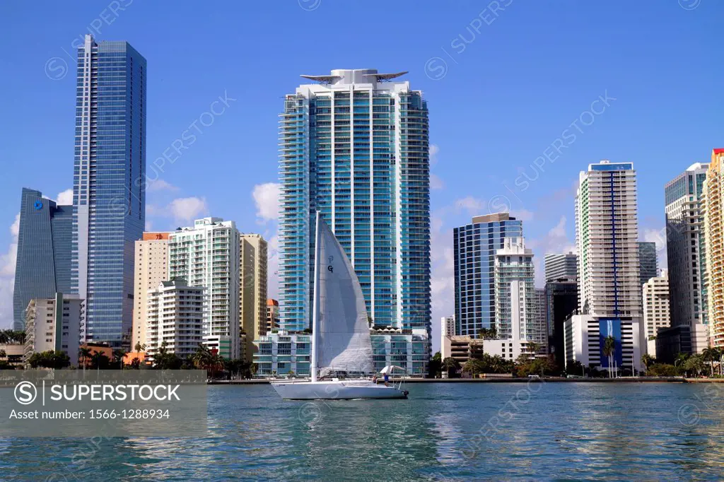 Florida, Miami, Biscayne Bay, city skyline, Brickell Avenue, water, skyscrapers, high rise, condominium, residential, office, buildings, Four Seasons ...