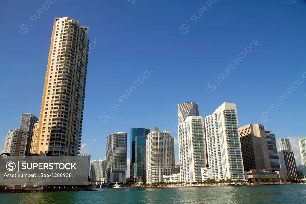 Florida, Miami, Biscayne Bay, city skyline, downtown, water, skyscrapers, high rise, condominium, office, buildings, Southeast Financial Center, centr...