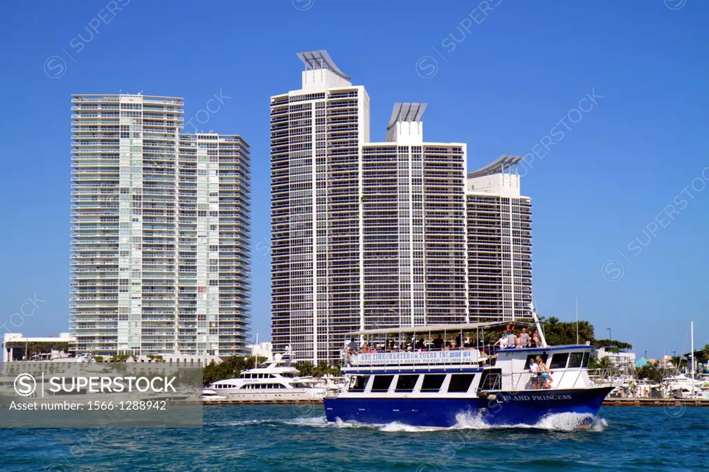 Florida, Miami Beach, Biscayne Bay, condominium, buildings, high rise, ICON, Murano Grande, boat, Island Princess, tour, Miami Beach Marina,.