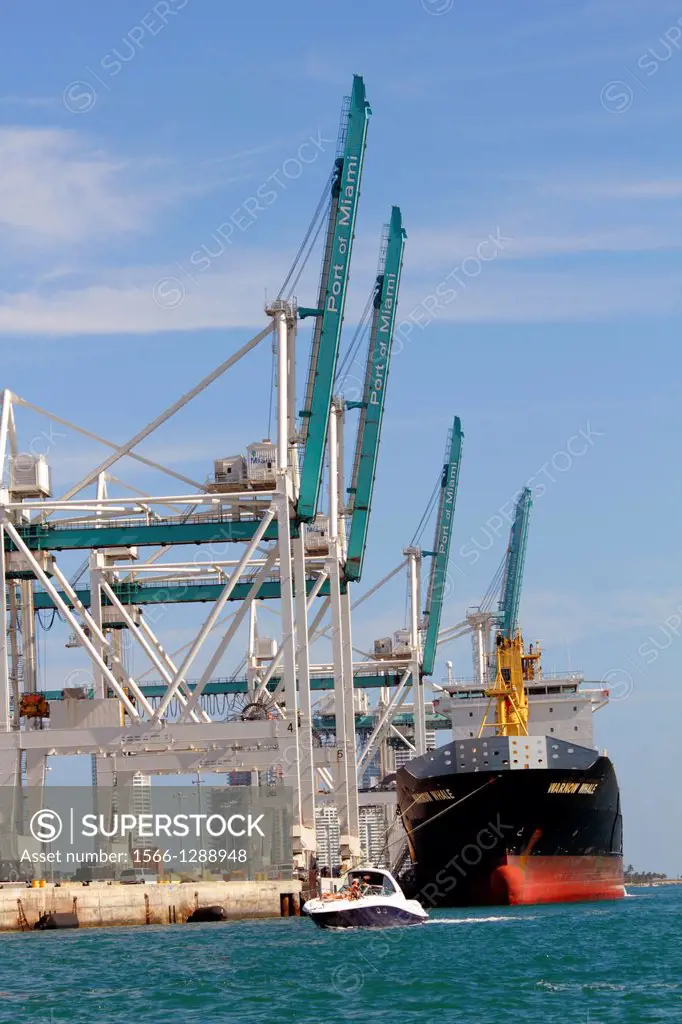 Florida, Miami, Biscayne Bay, Port of Miami, cargo, lift, cranes, container ship, commerce, Atlantic Ocean, boat,.