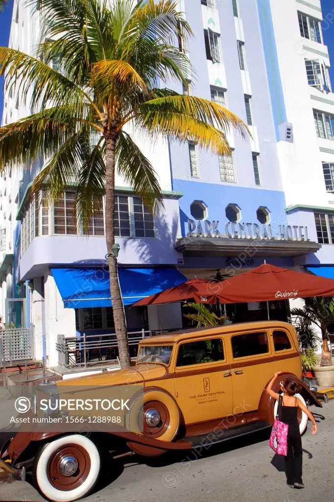 Florida, Miami Beach, Ocean Drive, Art Deco Weekend, festival, event, antique, car, automobile, Park Central Hotel, girl,.