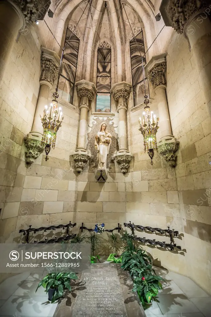 Antoni Gaudi tomb in Basilica and Expiatory Church of the Holy Family designed known as Sagrada Familia in Barcelona, Spain.