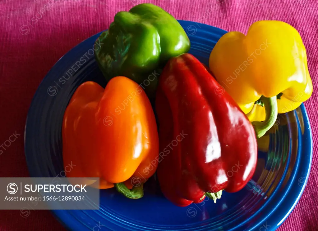 Bell peppers (Capsicum annuum) on plate